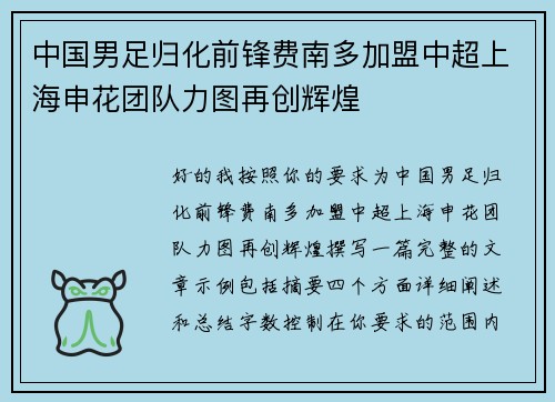 中国男足归化前锋费南多加盟中超上海申花团队力图再创辉煌